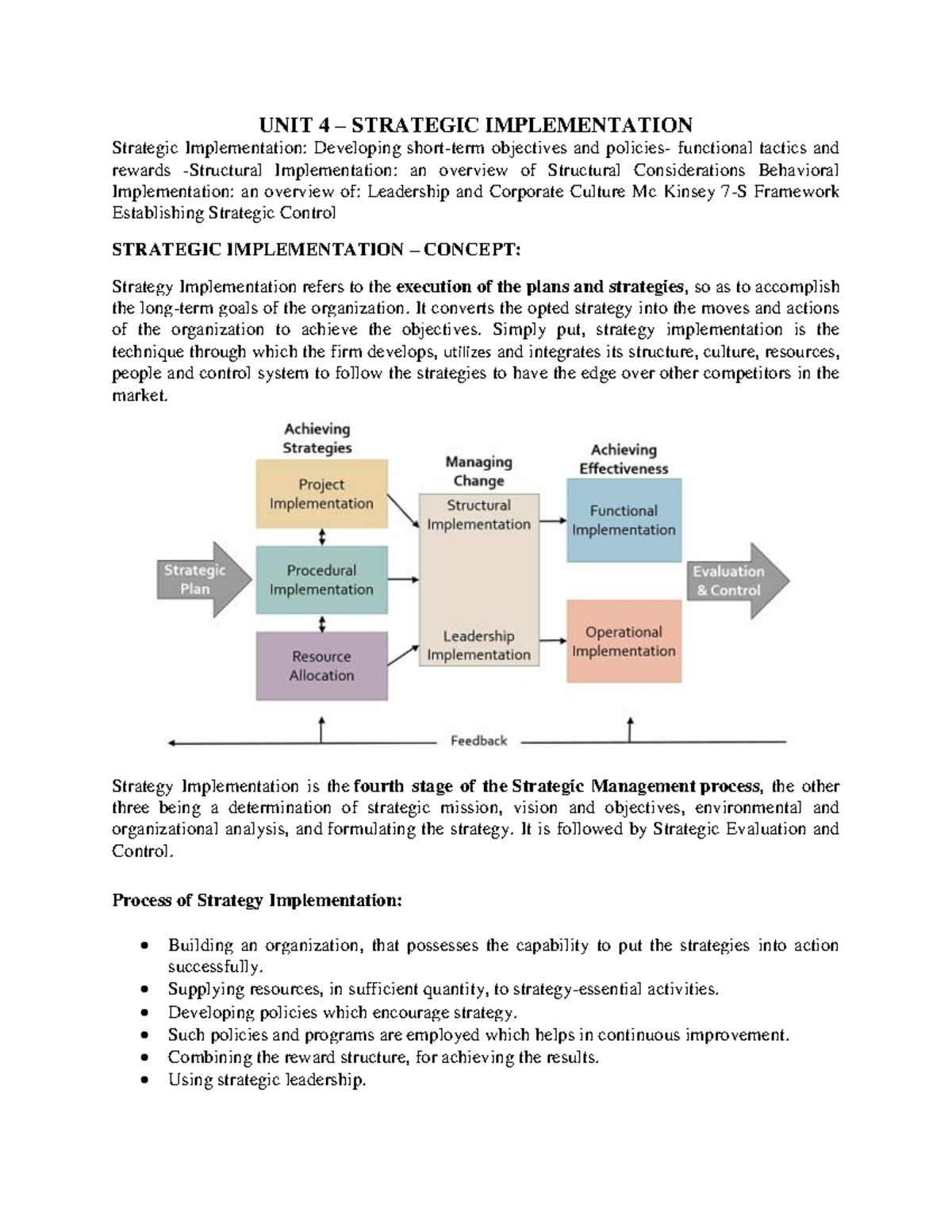 BPSM Module 4 - Material - UNIT 4 – STRATEGIC IMPLEMENTATION Strategic ...