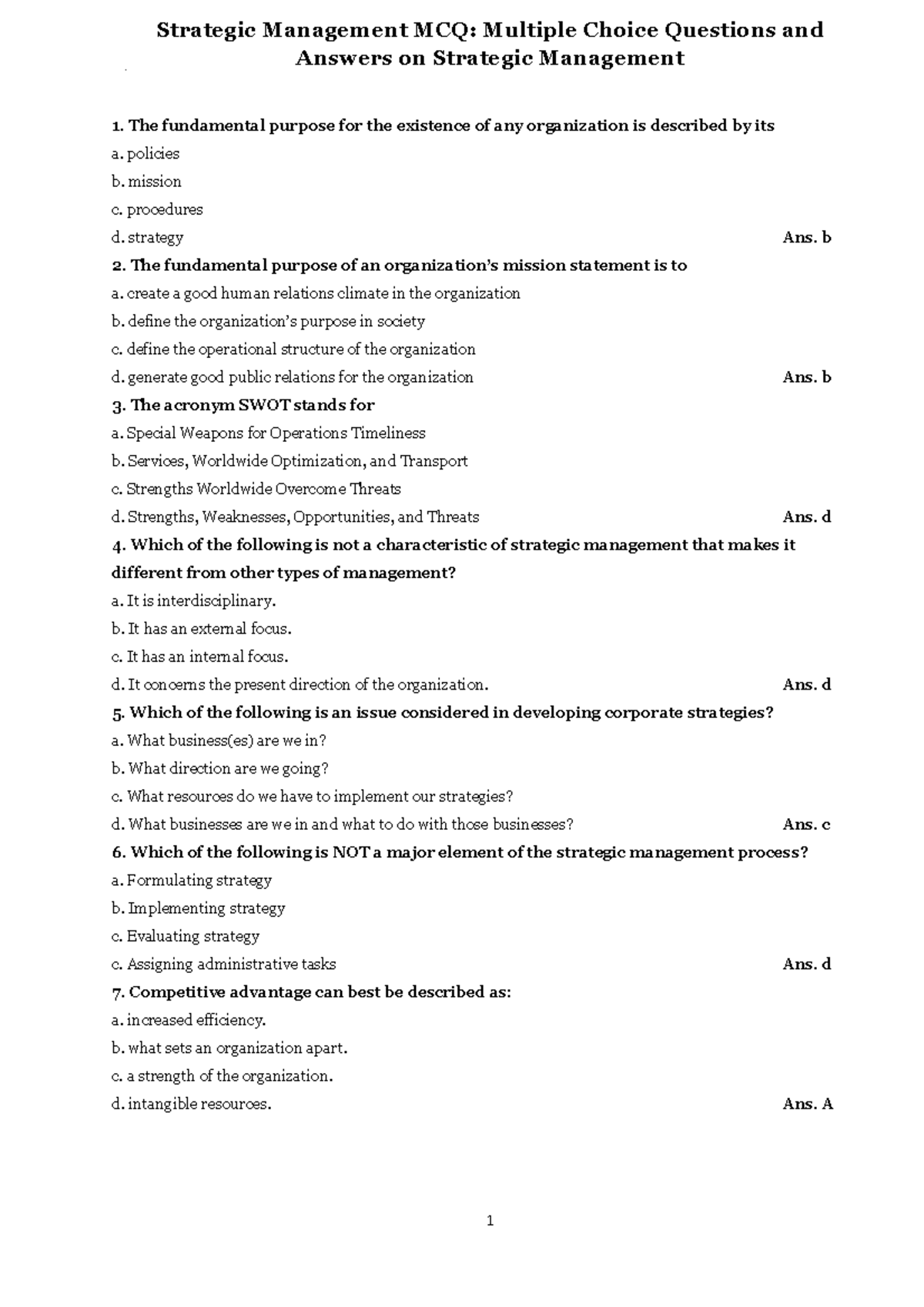 Strategic Management Multiple Choice Questions - Strategic Management ...