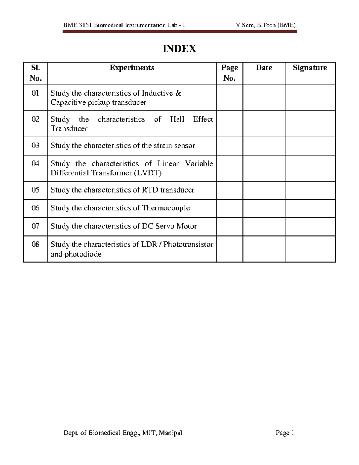 BioMedical Instrumentation Lab I Manual BME 3161 Biomedical