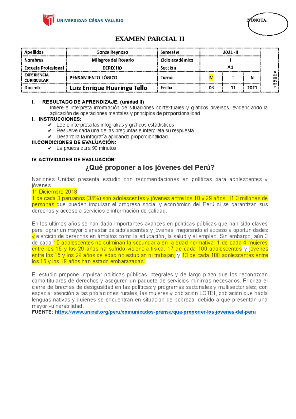 Examen Parcial II - Resuelto Pensamiento Lógico - EXAMEN PARCIAL II ...