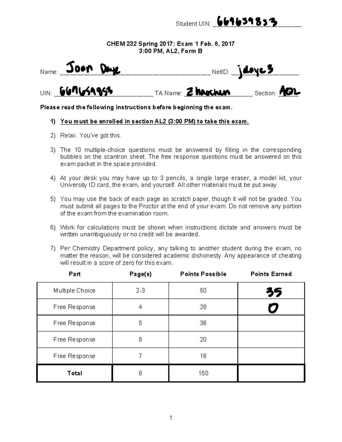 Practice exams - exma 1 - CHEM 232 - Illinois - Studocu