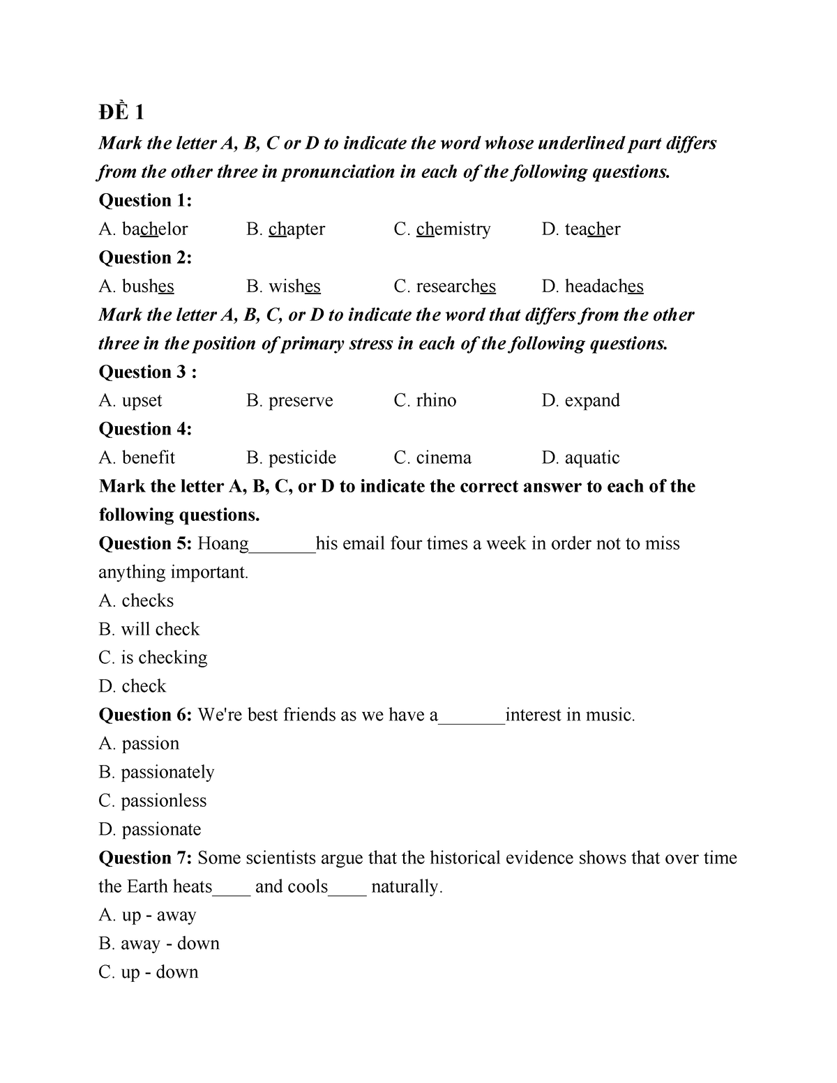 Bài Test Tiếng Anh - ĐỀ 1 Mark The Letter A, B, C Or D To Indicate The ...