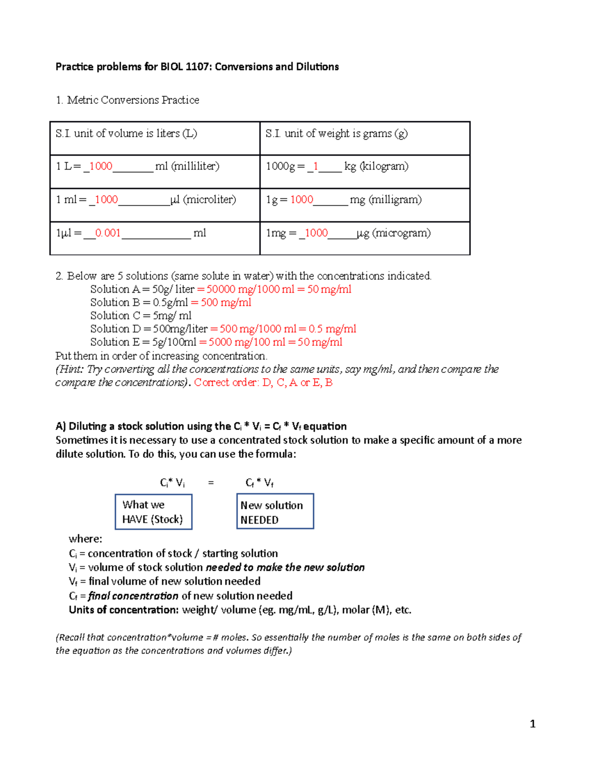 Conversions and Dilutions Practice Problems Practice problems for
