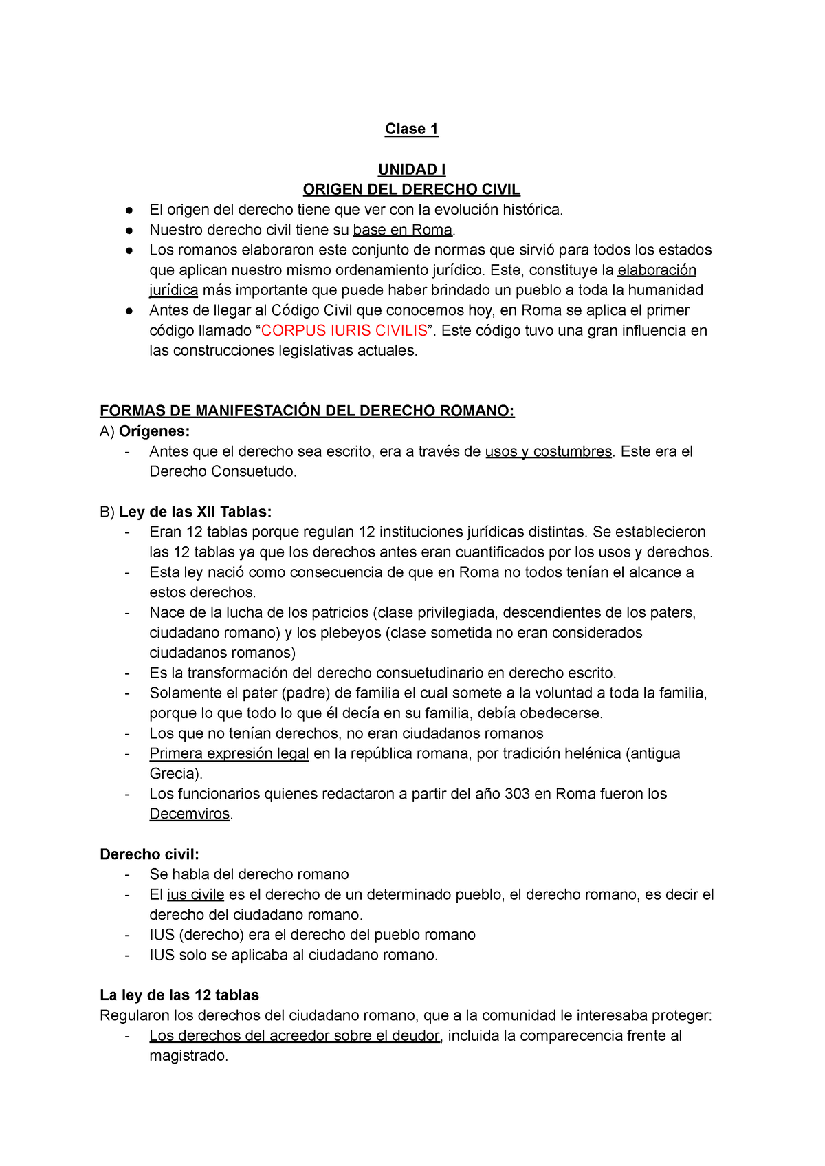 Resumen Derecho Parcial I - Clase 1 UNIDAD I ORIGEN DEL DERECHO CIVIL ...