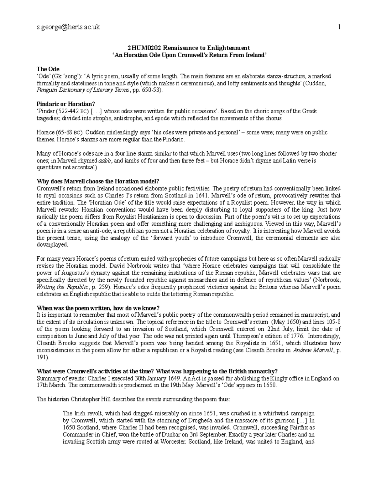 ‘An Horatian Ode Upon Cromwell’s Return From Ireland’ Handout Summary