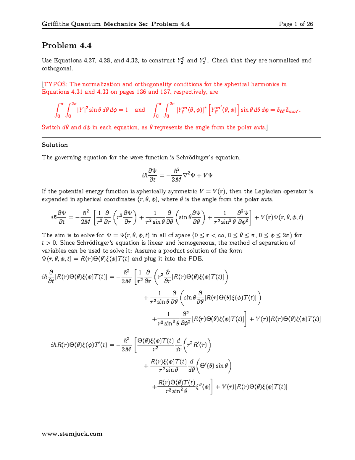 Griffiths QMCh 4p4 Quantum Mechanics in 3D - Problem 4. Use Equations 4 ...