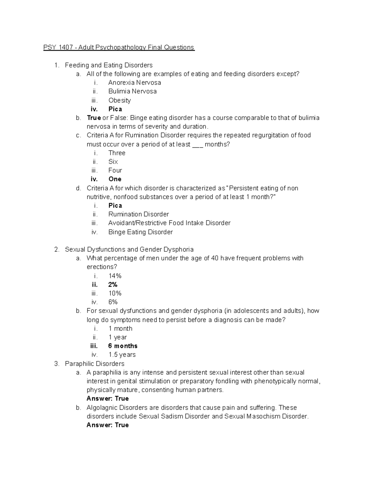 Adult Psychopathology Final Questions - PSY 1407 - Adult ...