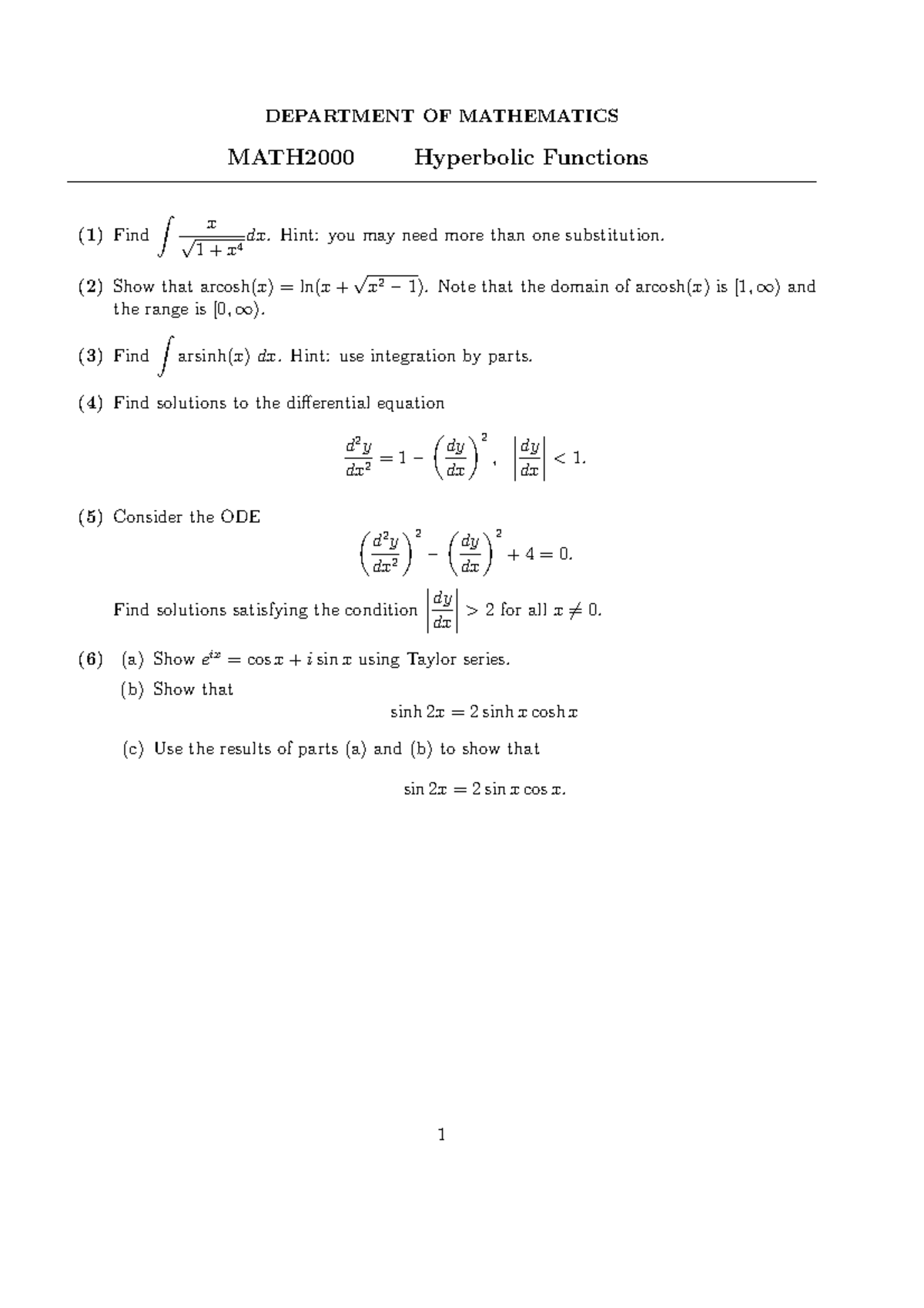 HBFProblems - Hyperbolic Functions (problems) - DEPARTMENT OF ...