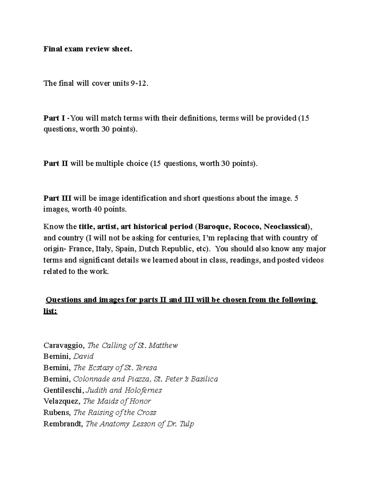 Final review sheet fall 22 Final exam review sheet. The final will