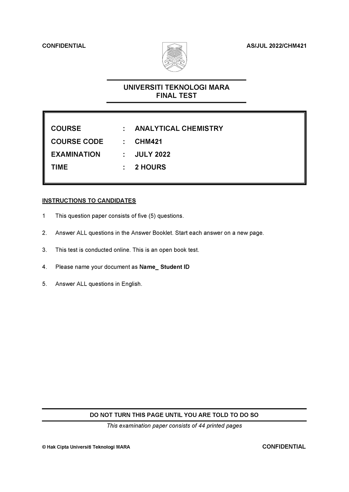 CHM421 Q JULY2022 - Exercise Past Year Question Exam - UNIVERSITI ...