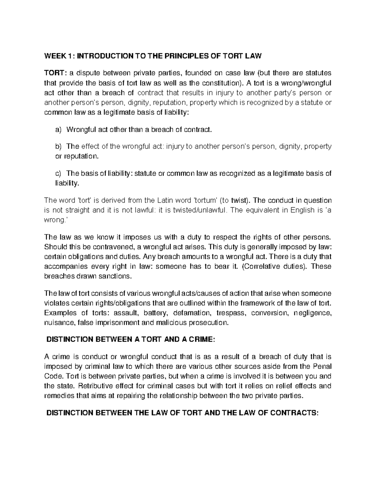 tort-law-notes-final-summary-of-the-elements-of-tort-law-week-1