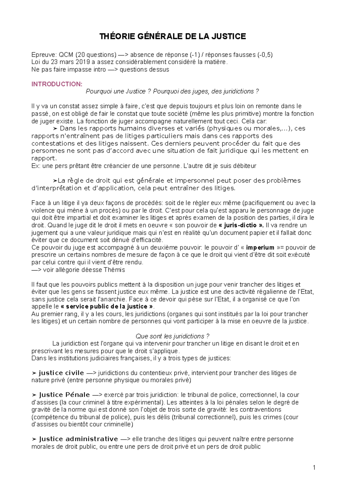 Qcm Théorie Générale De La Justice L1 Droit