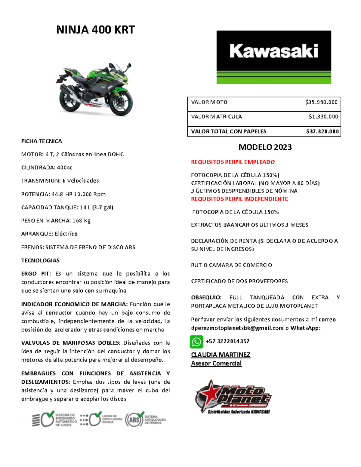 Cotizacion Ninja 400 KRT - NINJA 400 KRT FICHA TECNICA MOTOR: 4 T, 2 ...