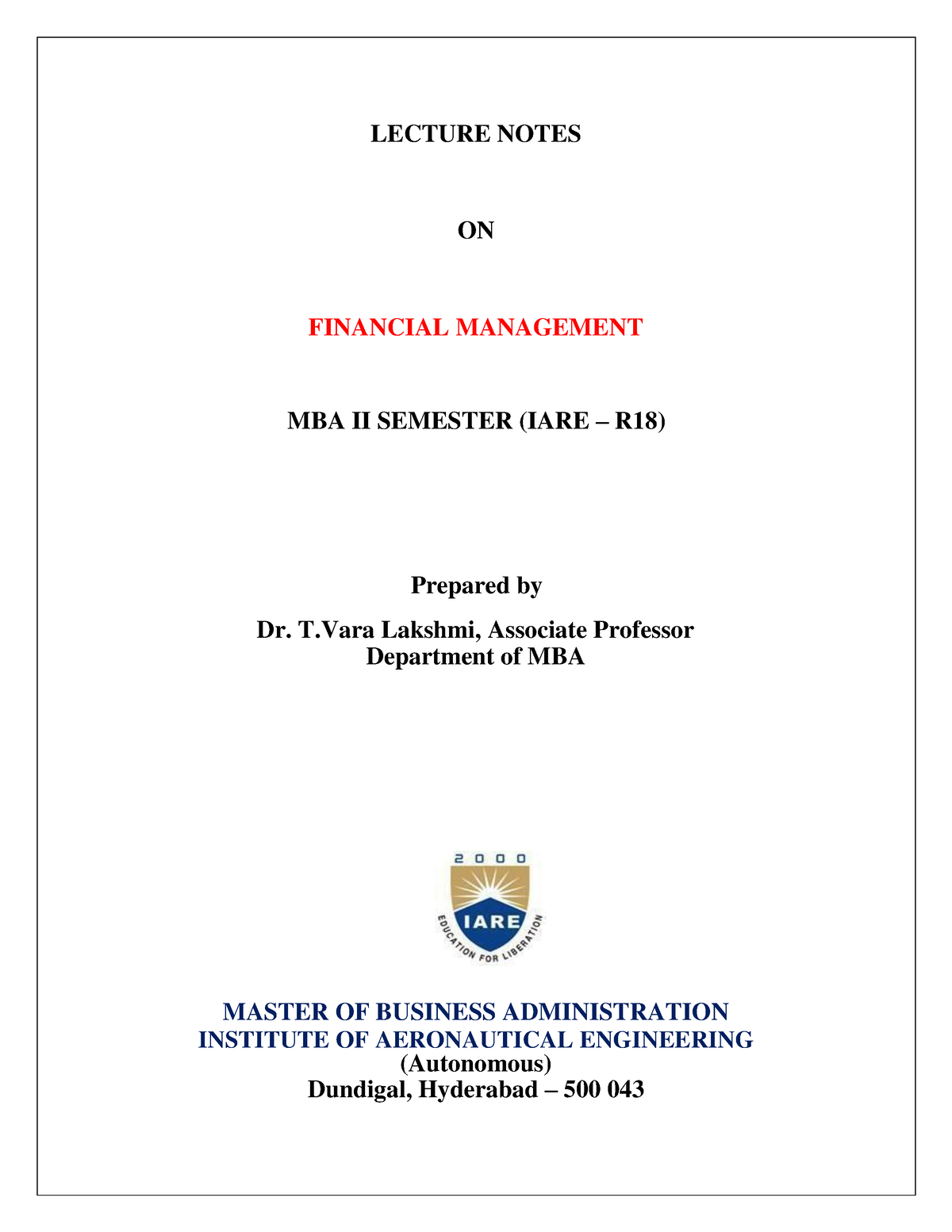 Financial Management - LECTURE NOTES ON FINANCIAL MANAGEMENT MBA II ...