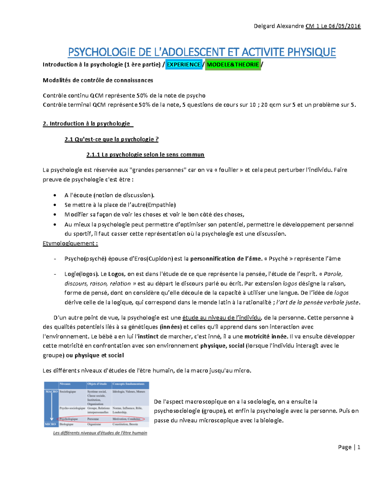 Psycho Staps L1 20161017 Delgard Alexandre CM 1 Le 06/09/2016 PSYCHOLOGIE DE L