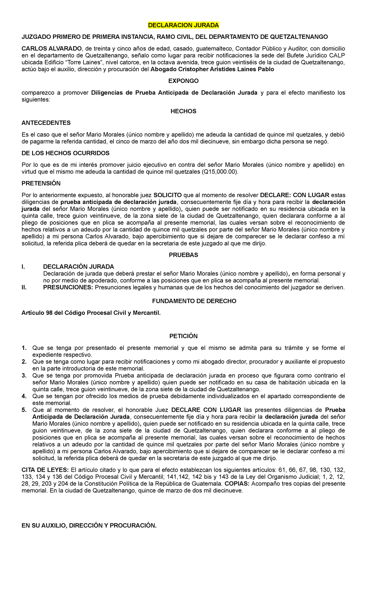 Declaracion Jurada Declaracion De Testigos Declaracion Jurada Juzgado Primero De Primera 7687