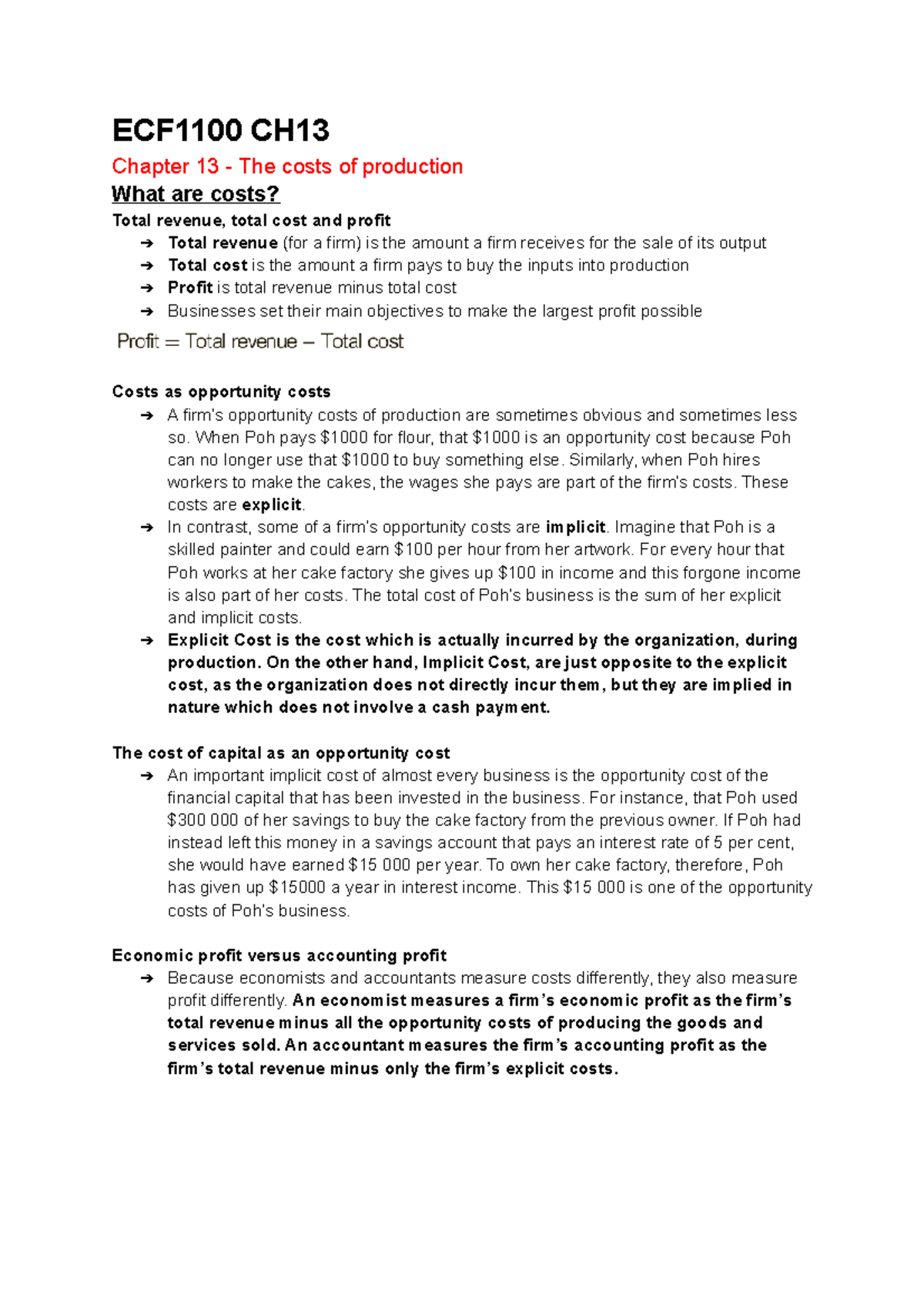ECF1100 CH13 - Econ notes - ECF1100 CH13 Chapter 13 - The costs of ...