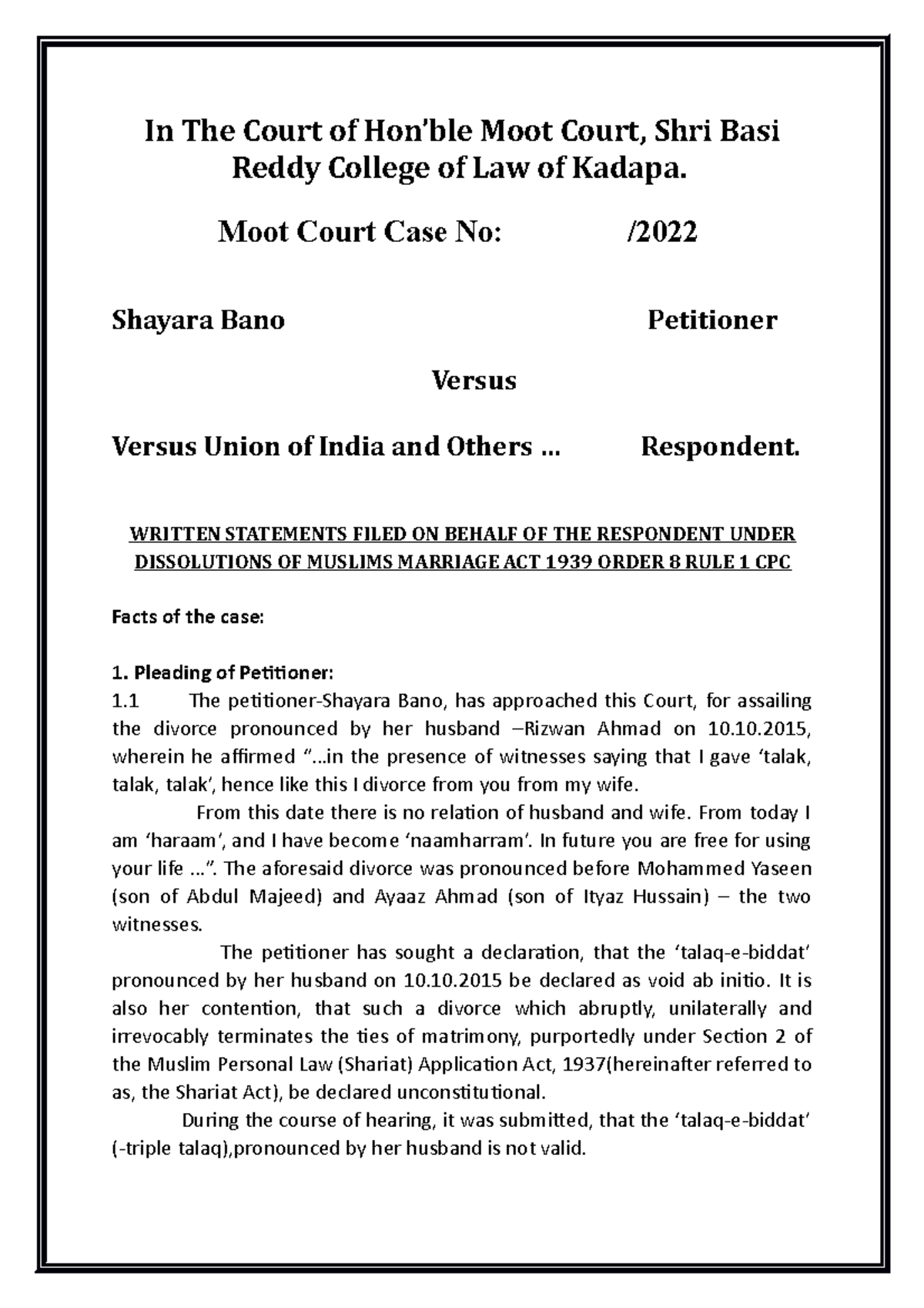 Moot moot case In The Court of Hon’ble Moot Court, Shri Basi Reddy College of Law of Kadapa