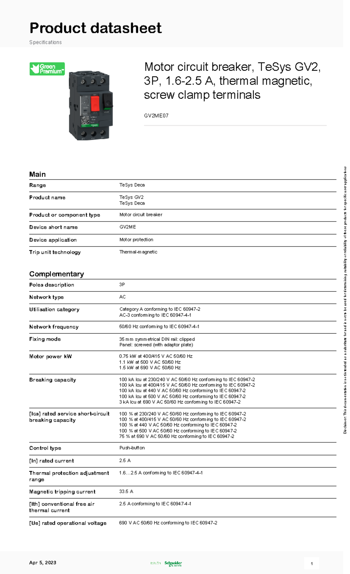 Te Sys GV2 GV2ME07 - electric - Product datasheet Specifications Motor ...