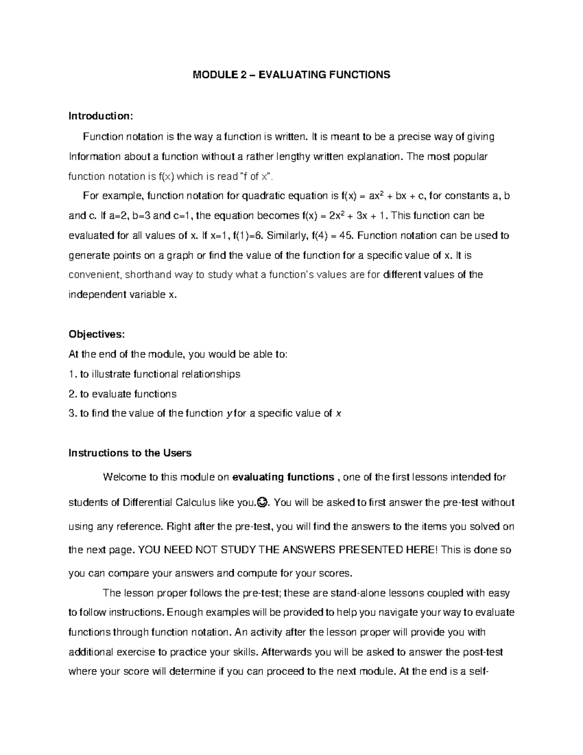 Module 2 Evaluating Functions - MODULE 2 – EVALUATING FUNCTIONS ...