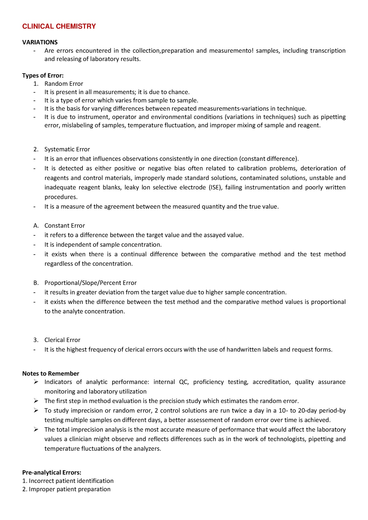 Variations or Types of Error in Clinical Chemistry (Outline) CLINICAL