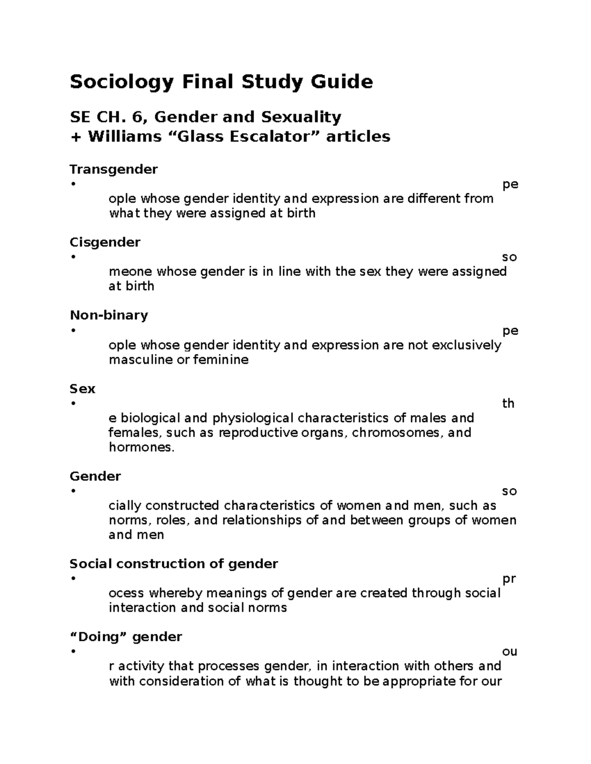 Sociology Final Study Guide 6, Gender and Sexuality + Williams “Glass