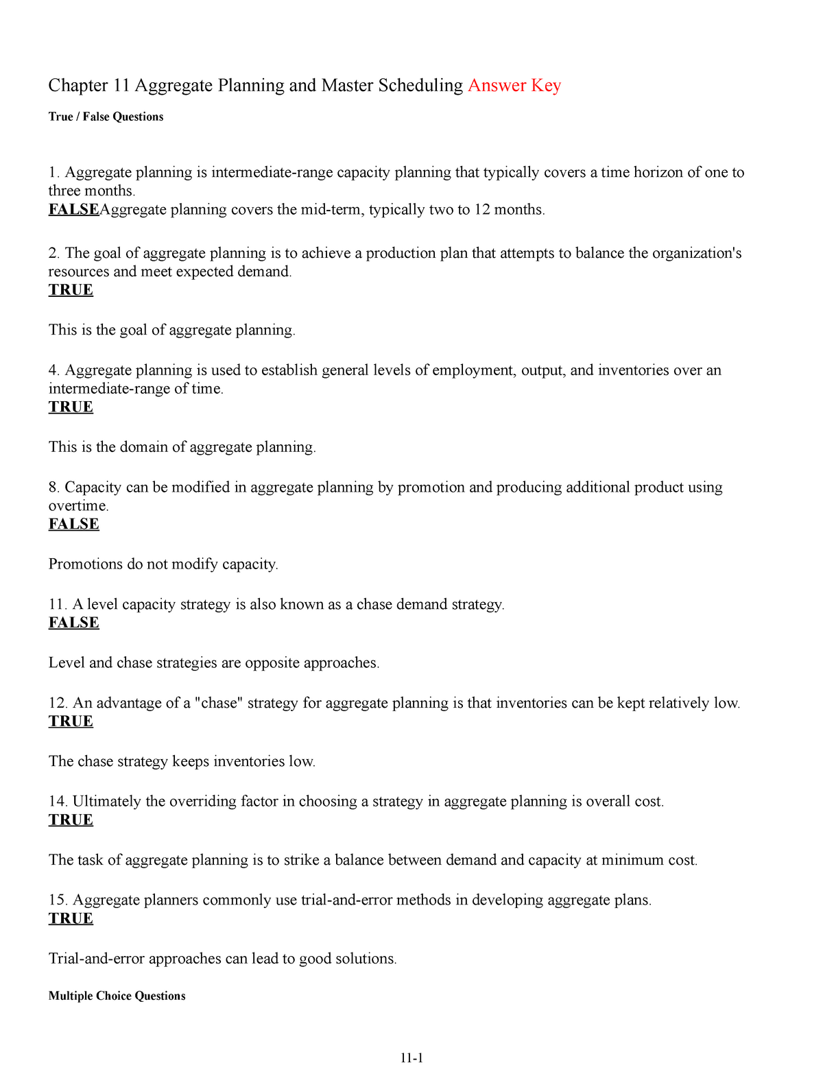 Chap011 Aggregate Chapter 11 Aggregate Planning And Master Scheduling With Answers Chapter 11 Studocu