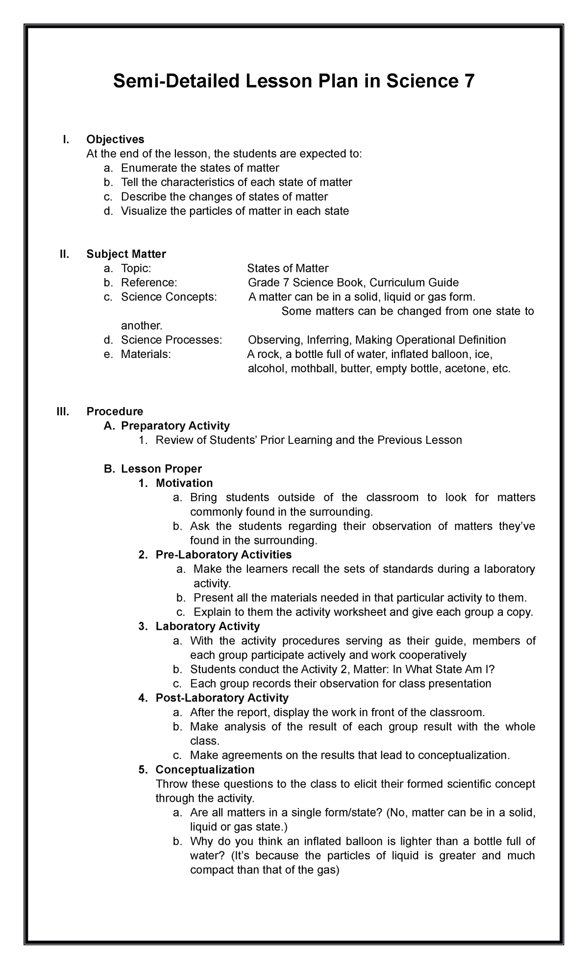 Lesson Plan Tdfgfhgj Semi Detailed Lesson Plan In Science 7 I