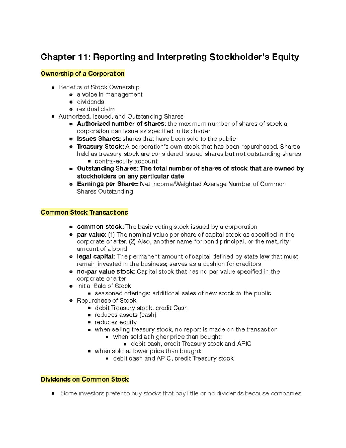 Chapter 11- Reporting and Interpreting Stockholder's Equity - Chapter ...