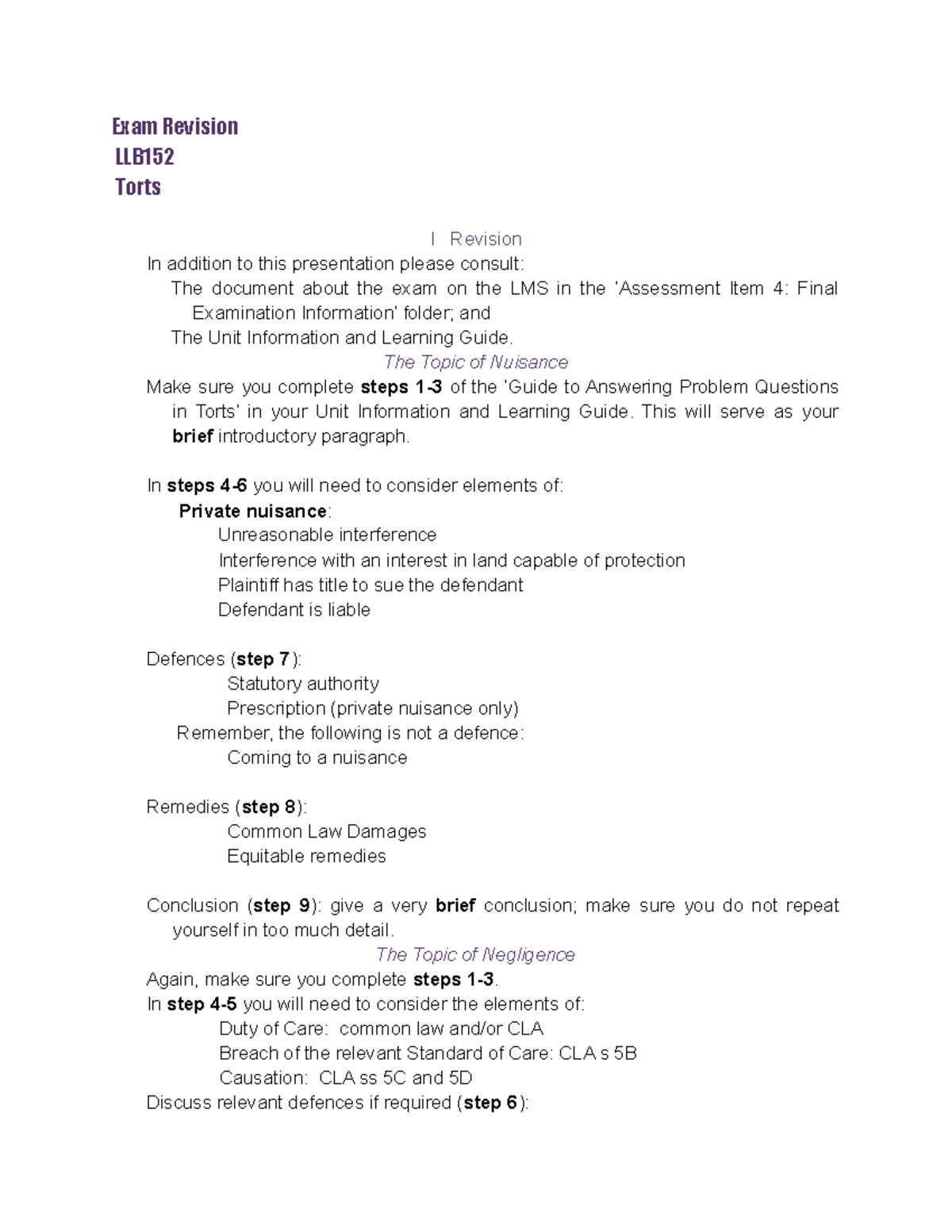 Exam Revision LLB152 - Exam Revision LLB Torts I Revision In Addition ...