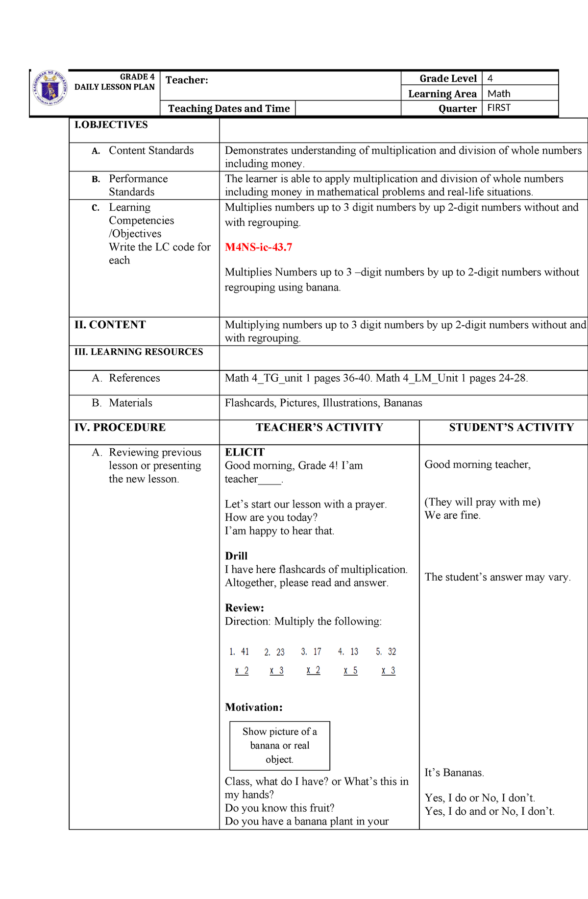 Lesson Plan 7Es 1 - GRADE 4 DAILY LESSON PLAN Teacher: Grade Level 4 ...