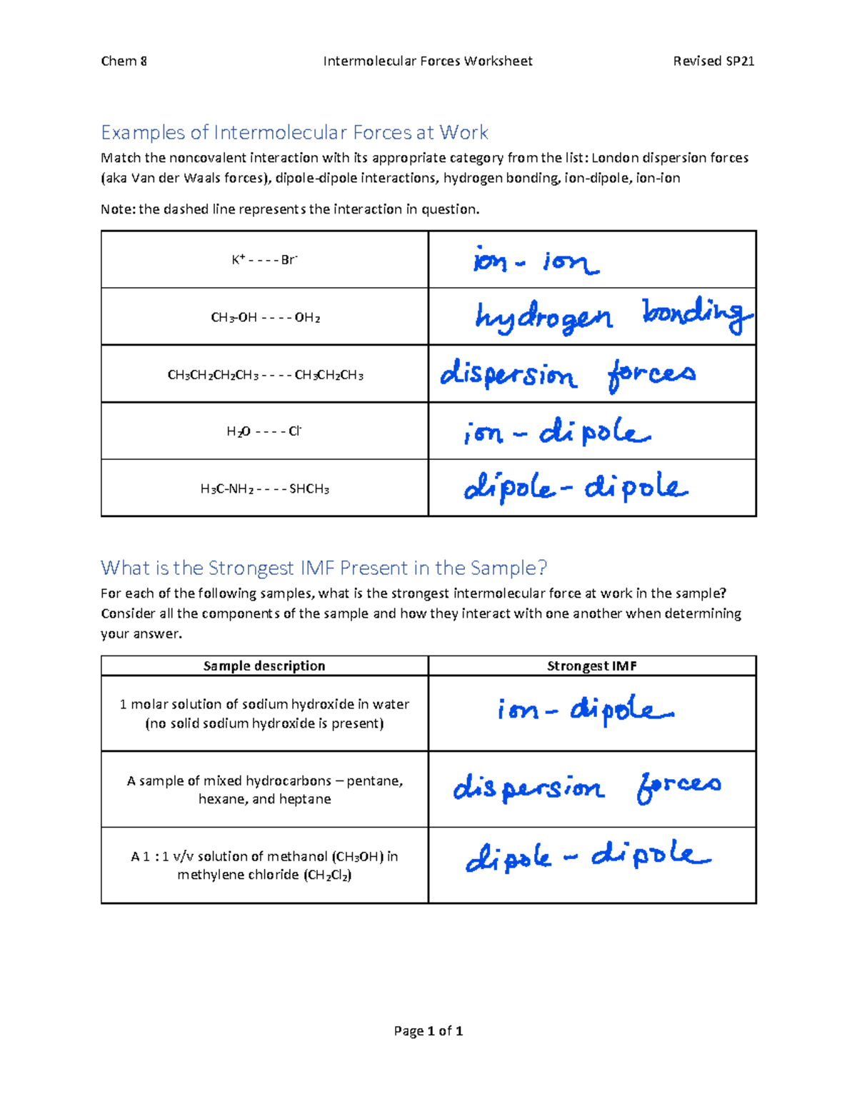 IMFs Worksheet - Solutions - Chem 8 Intermolecular Forces Worksheet Revised  SP Page 1 of 1 Examples - Studocu