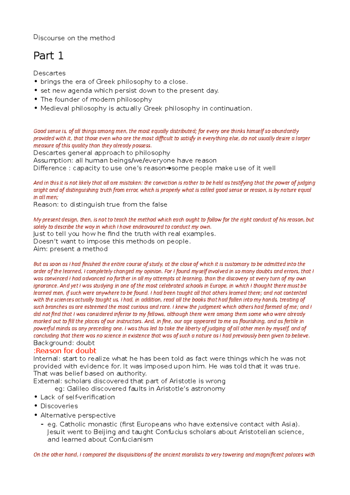PHIL101 midterm 1 review - Discourse on the method Part 1 Descartes ...