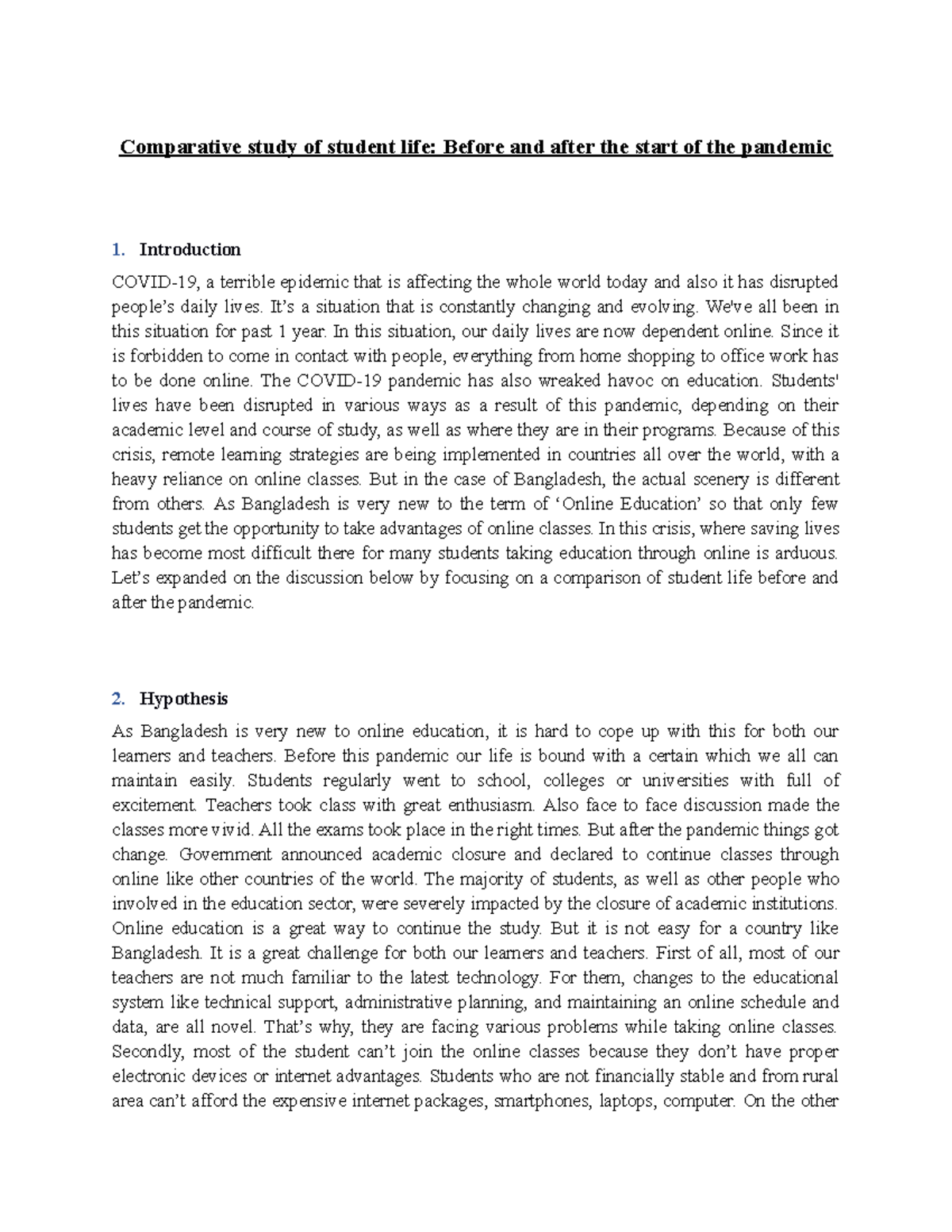 SOC101 Report - Comparative study of student life: Before and after the ...