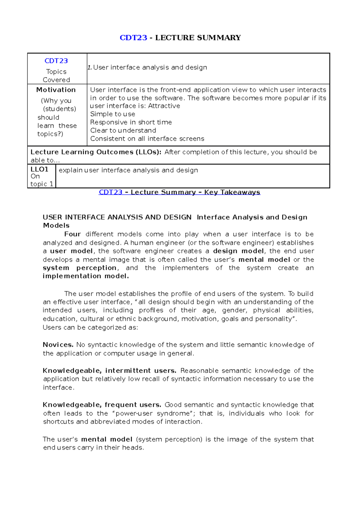 User interface analysis and design CDT23 LECTURE SUMMARY CDT Topics