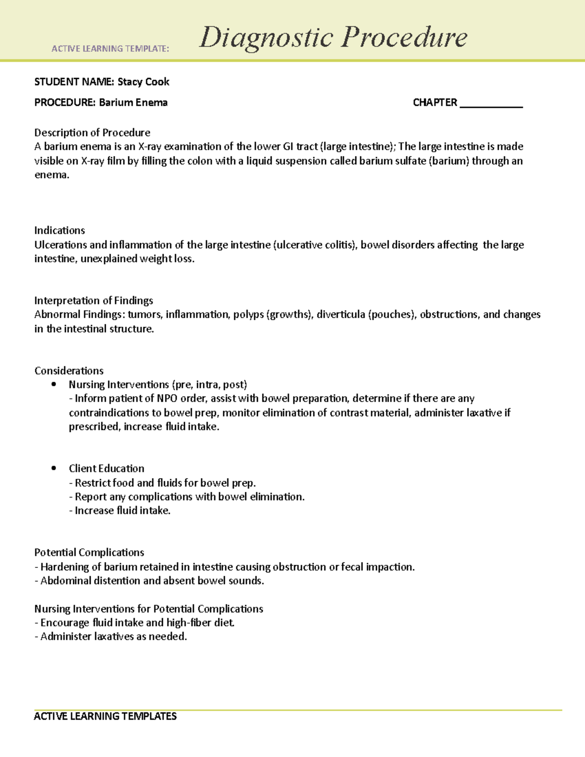 ATI Diagnostic Procedure Barium Enema STUDENT NAME Stacy Cook