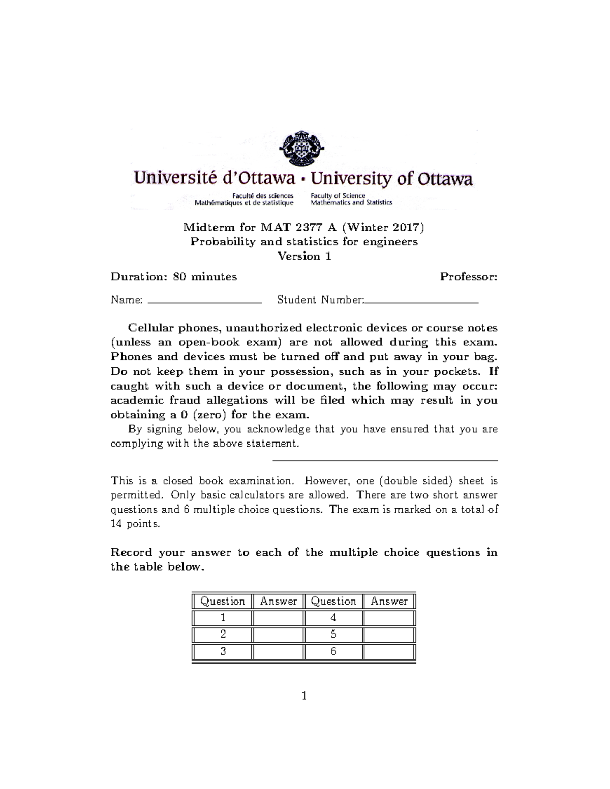 Midterm 1 solutions copy - Midterm for MAT 2377 A (Winter 2017 ...