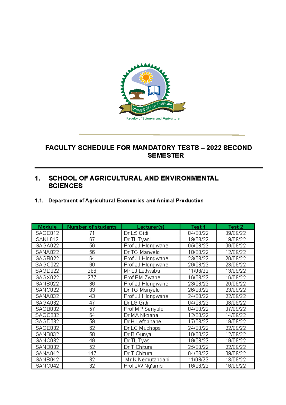 FSA Second Semester Mandatory Test Schedule 2022 Faculty of Science