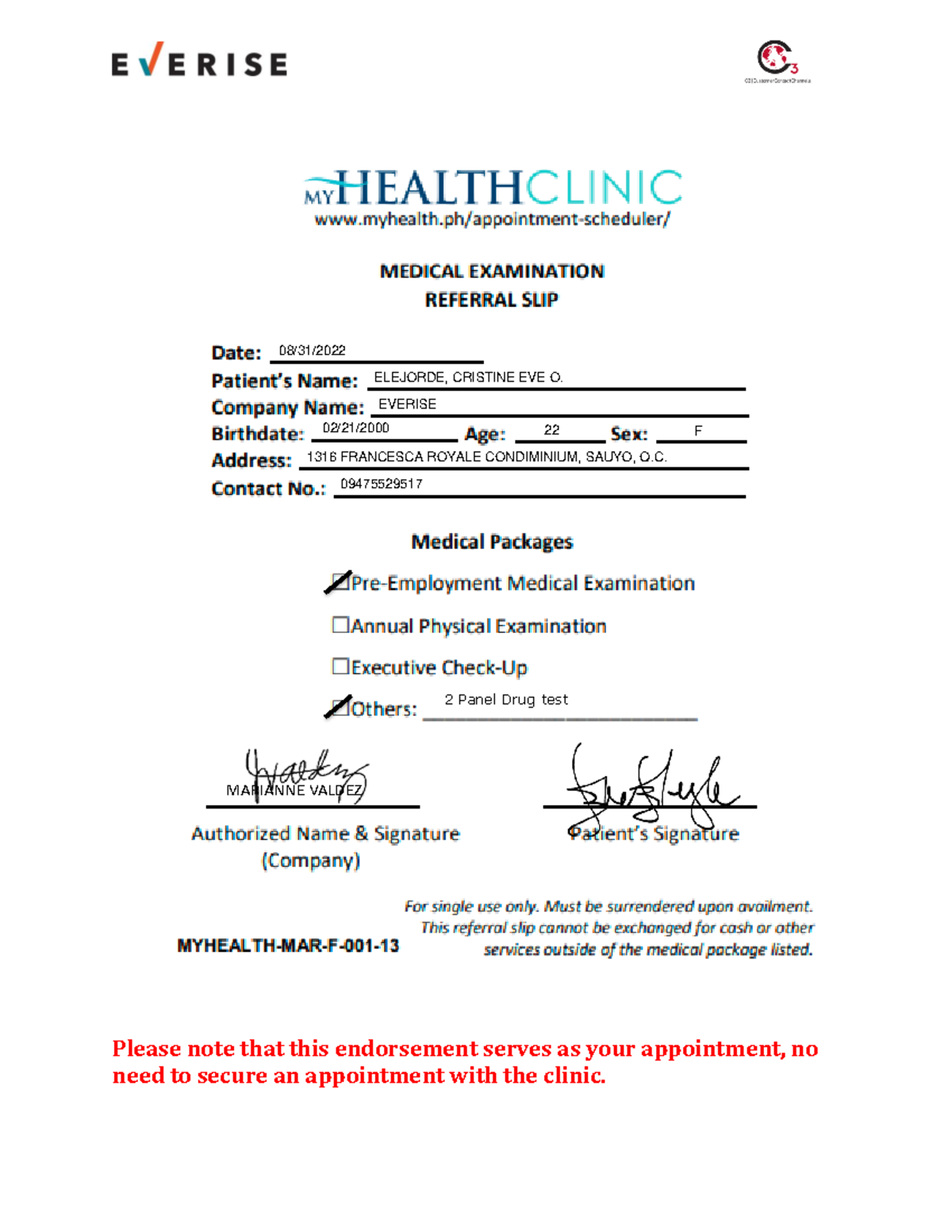 Myhealth Endorsement Slip - Please note that this endorsement serves as ...