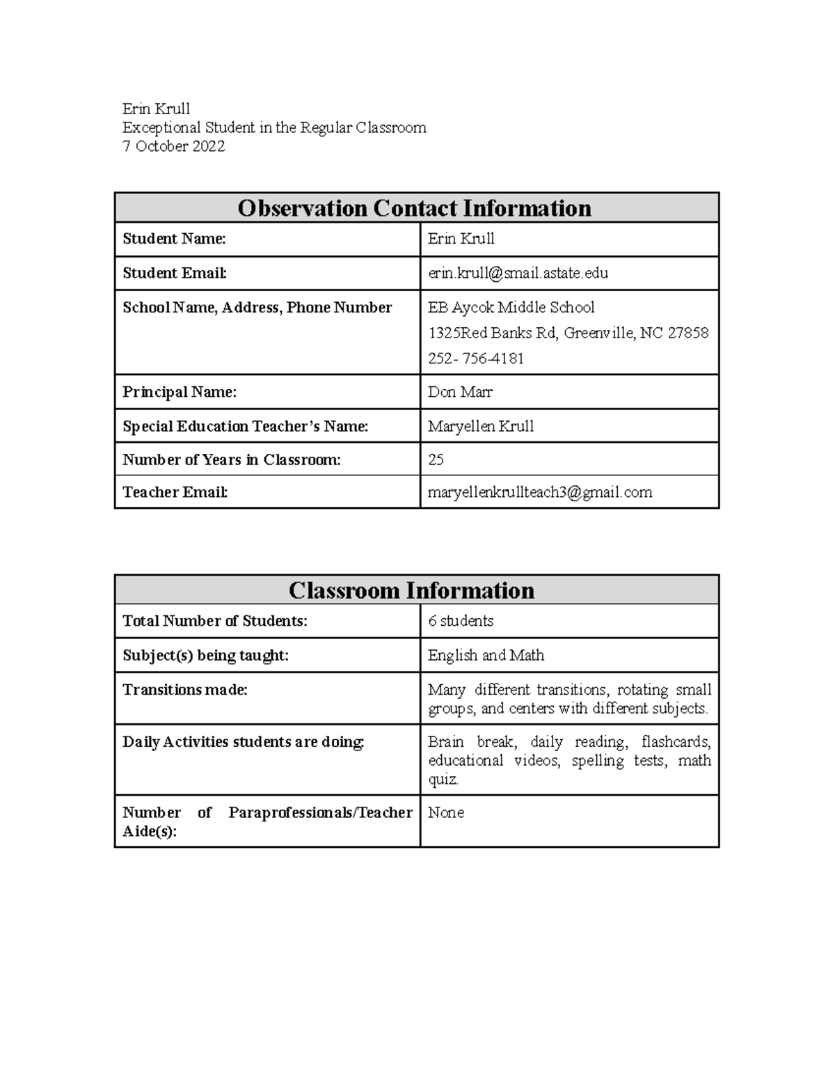 Classroom Observation Assignment - Erin Krull Exceptional Student in ...