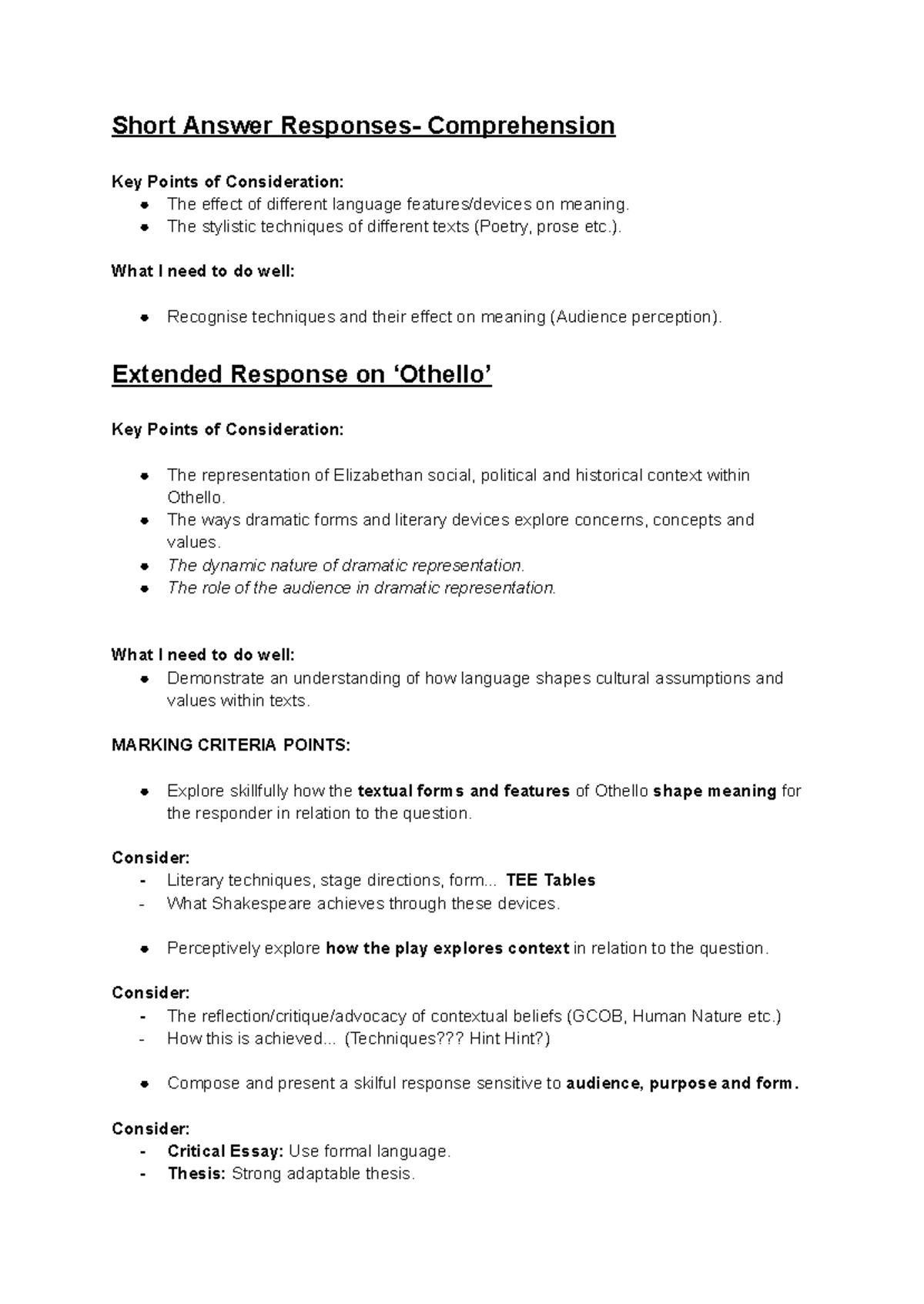 Notes on Othello Year 11 English Advanced - Short Answer Responses ...