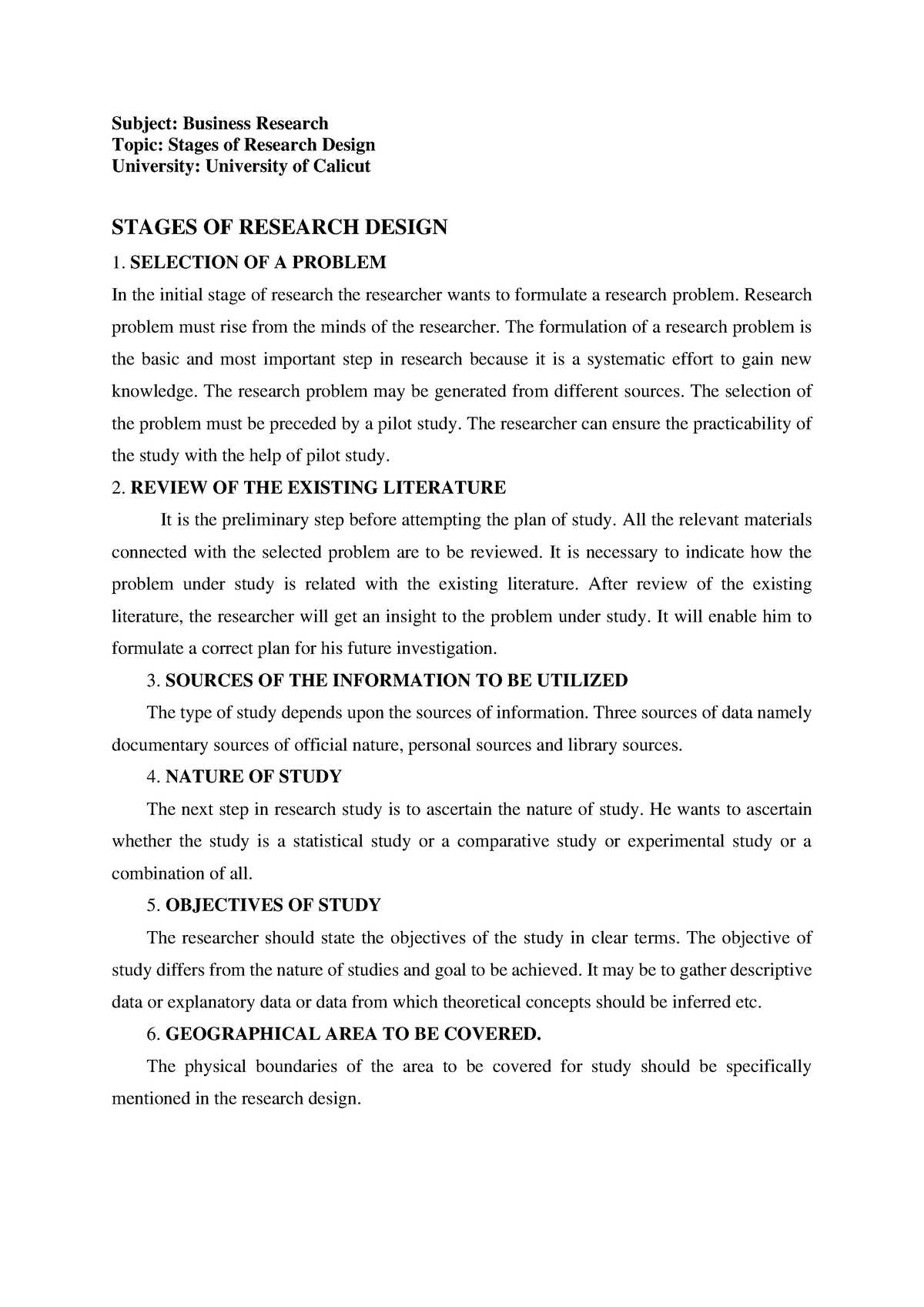 Stages of Research Design - Subject: Business Research Topic: Stages of ...