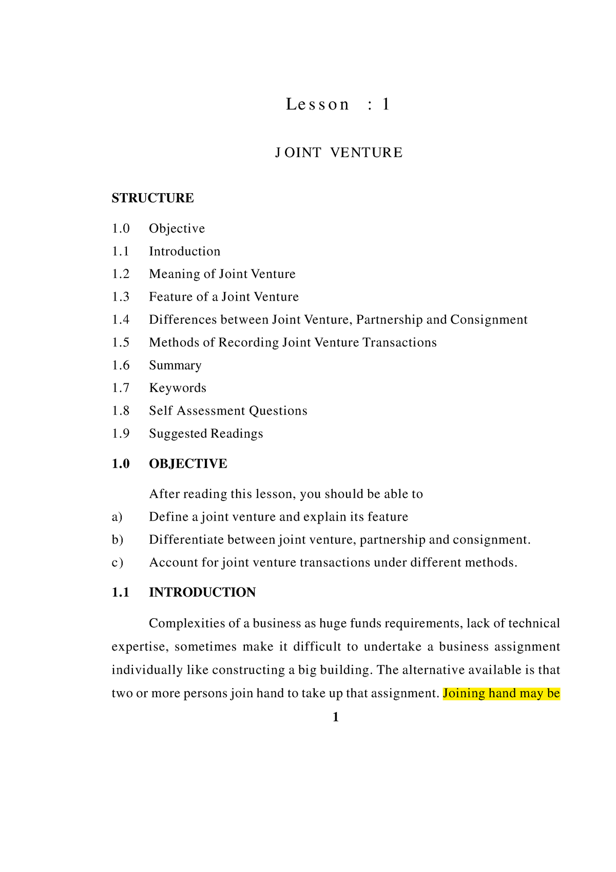 Joint Venture Accounts 1 30 - Lesson : 1 JOINT VENTURE STRUCTURE 1 ...