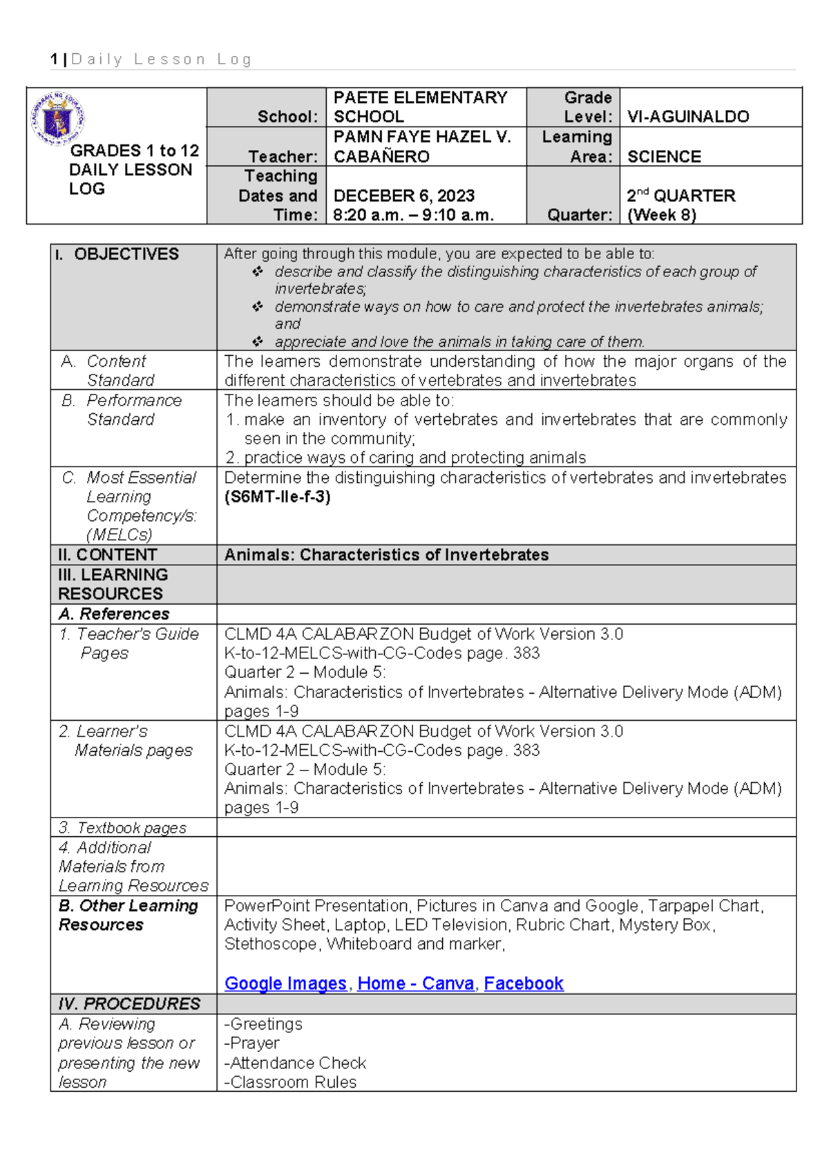 DLL in Science-CO2 - GRADES 1 to 12 DAILY LESSON LOG School: PAETE ...