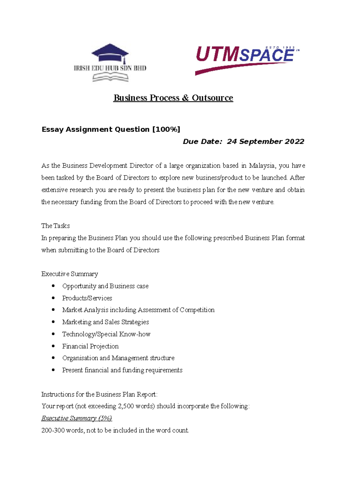 UTM Business Process Outsource Assignment QP - 28.8.22 - Business ...