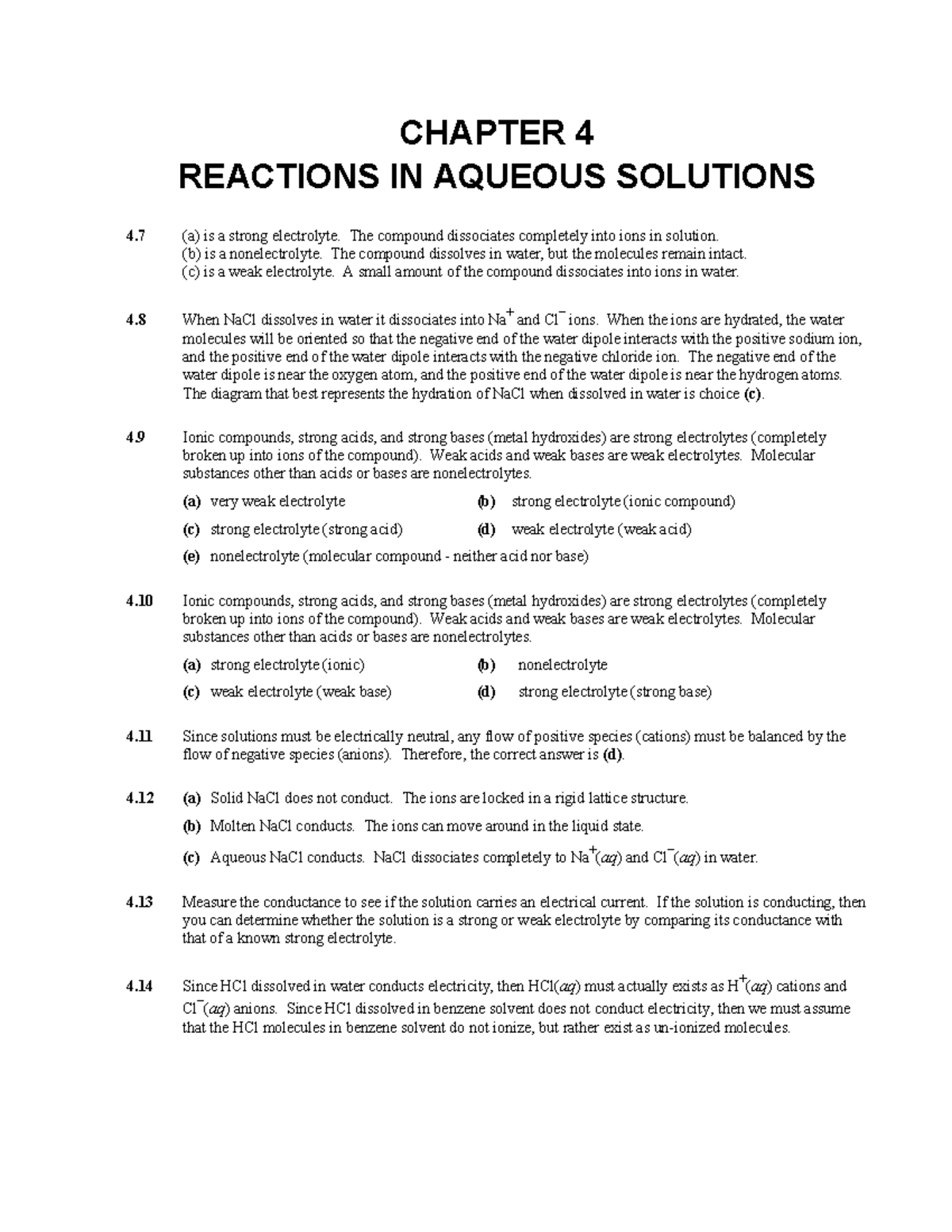 04 - 4장 풀이 - CHAPTER 4 REACTIONS IN AQUEOUS SOLUTIONS 4 (a) is a strong ...