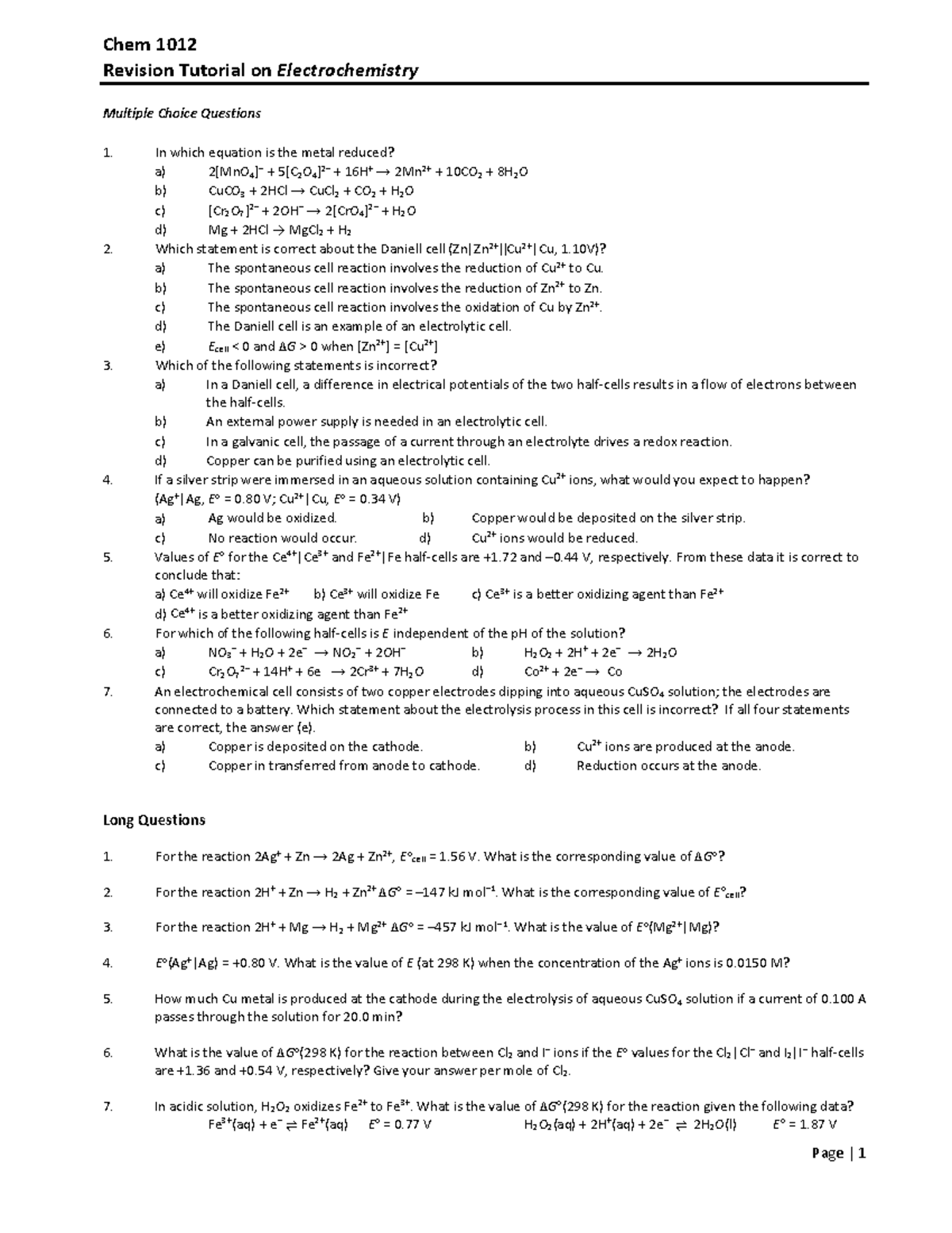 20.8 Ch20 Revision Questions Page 1 Chem 1012 Revision Tutorial on