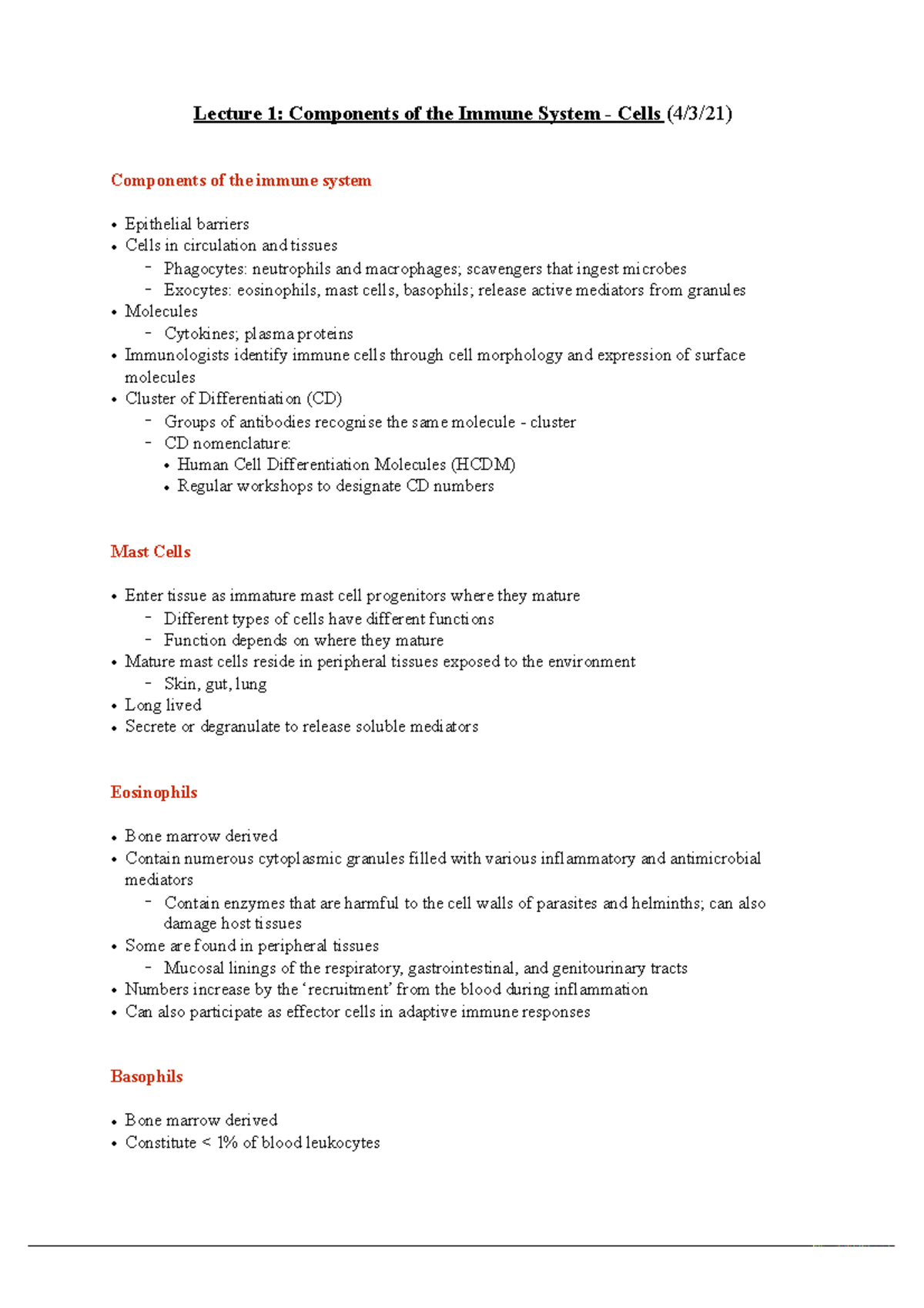 Immu2011 Notes Lecture 1 Components Of The Immune System Cells