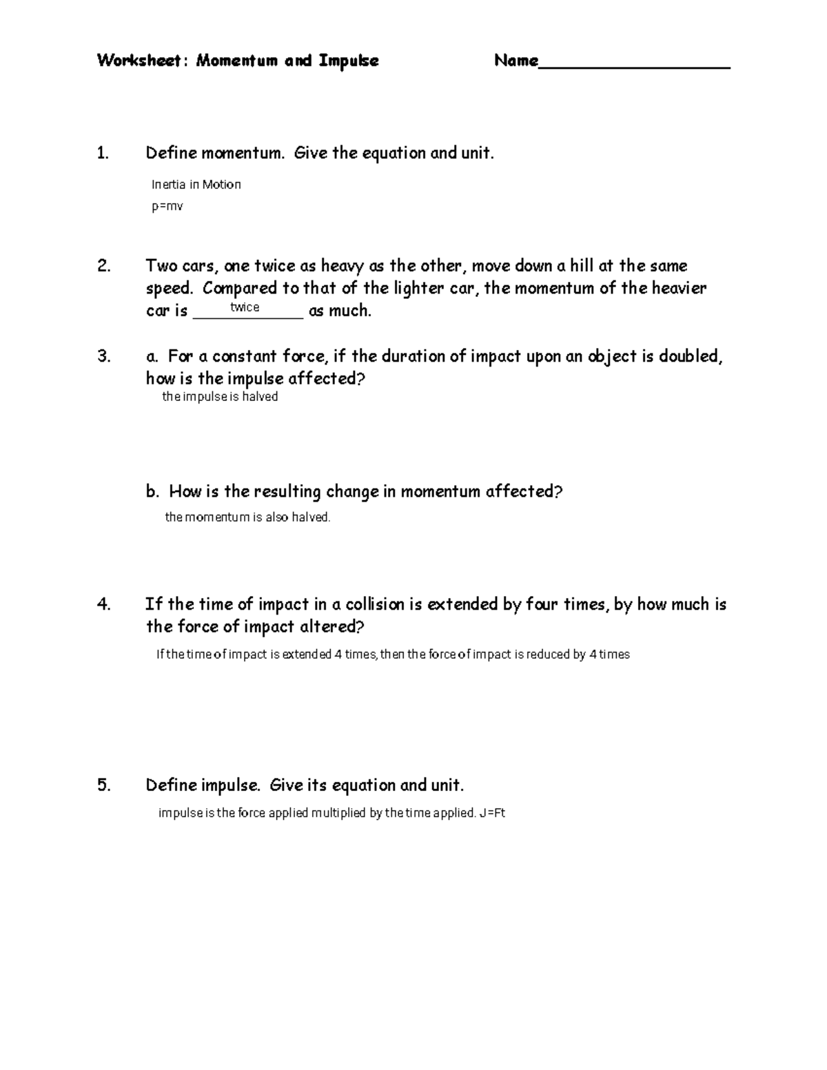 Momentum Impulse Worksheet 1764