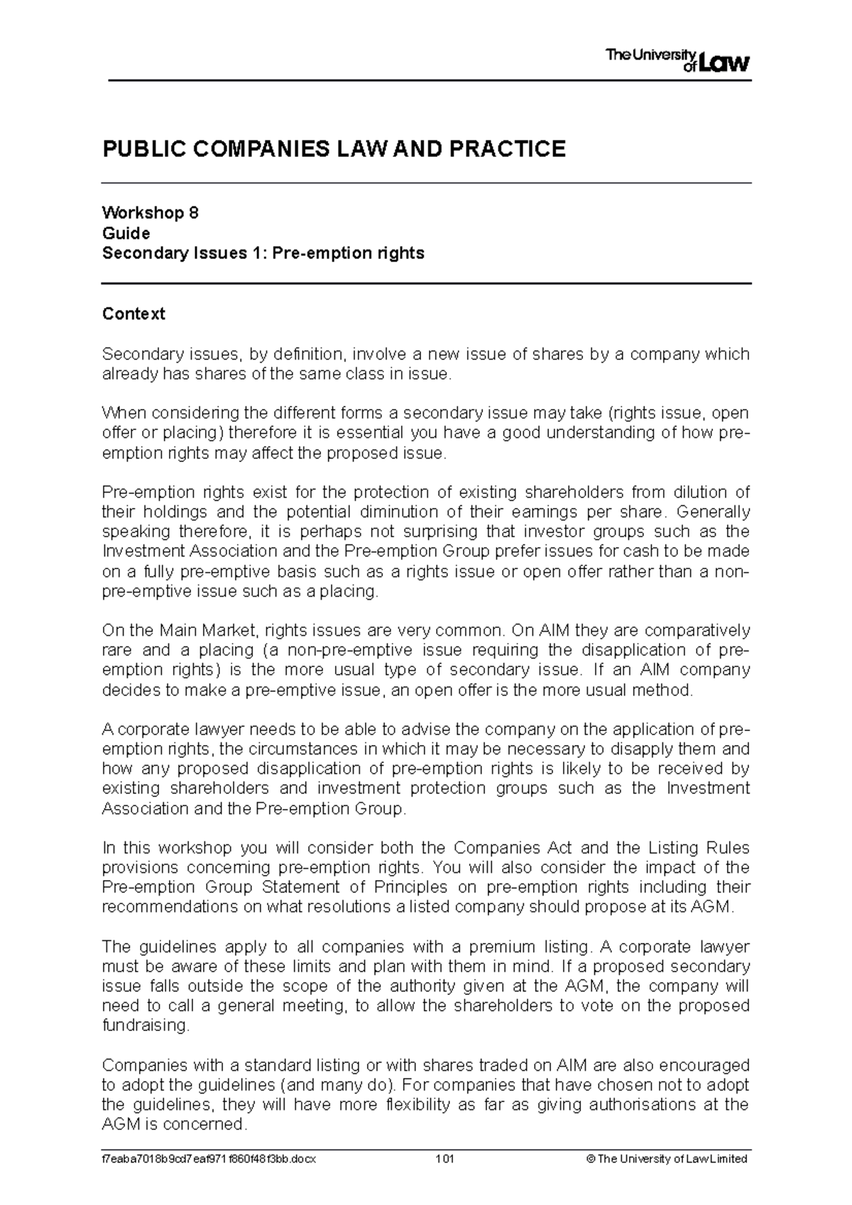 1920 pub ws08 ce01 guide - PUBLIC COMPANIES LAW AND PRACTICE Workshop 8 ...